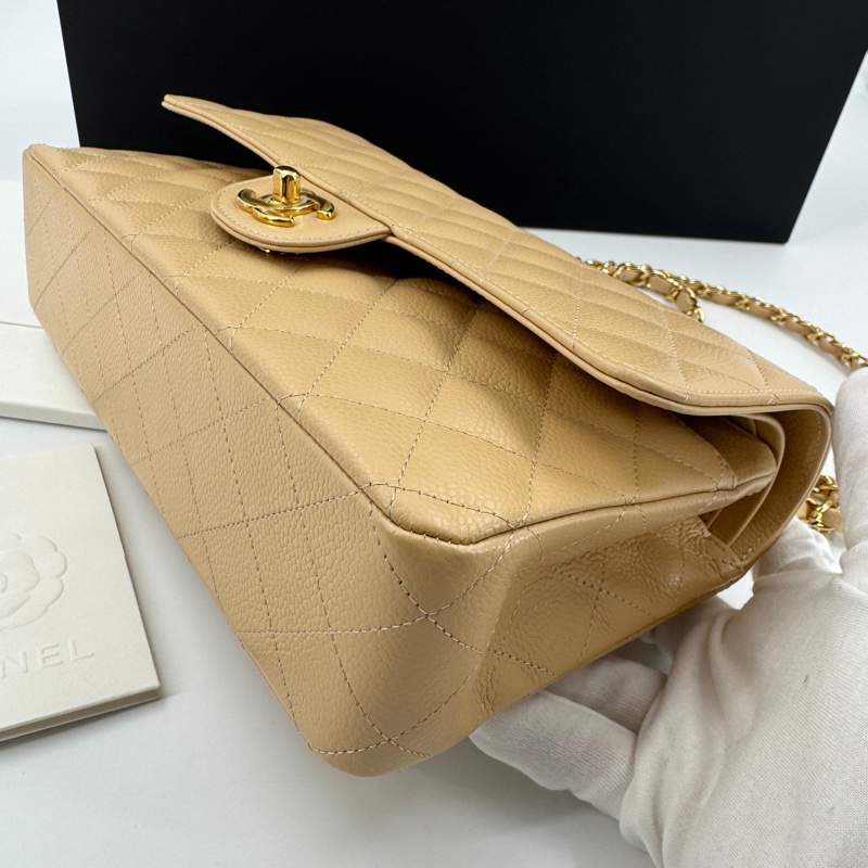 Chanel (21) Beige Clair Caviar Quilted Classic Double Flap Medium Gold Hardware-6