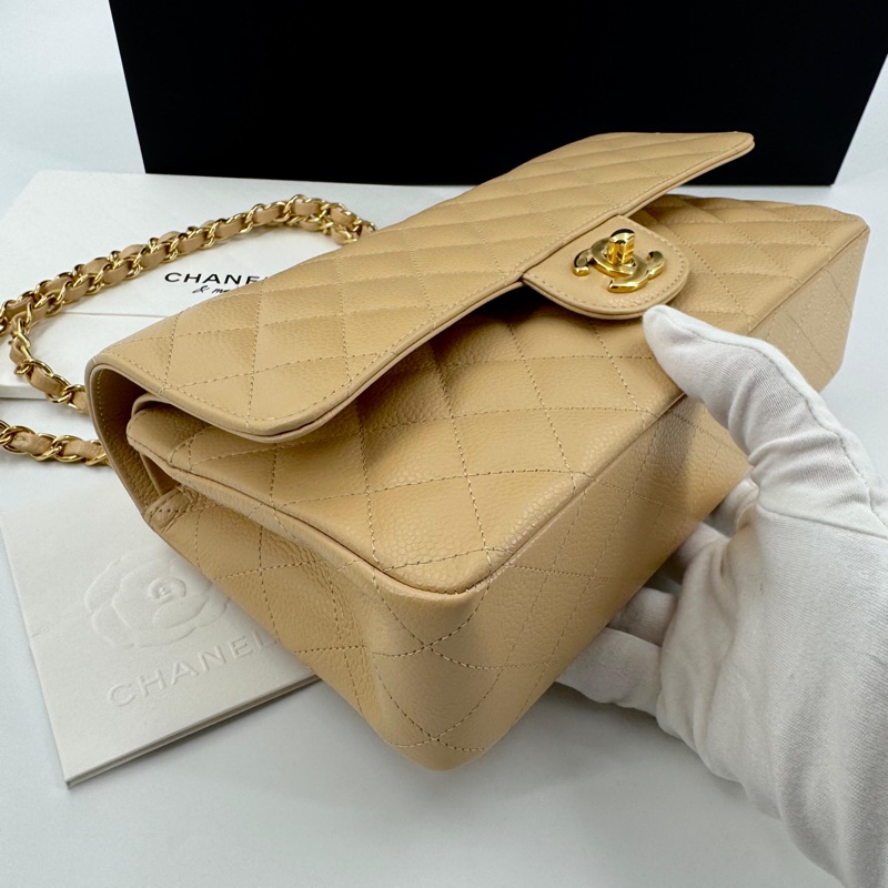 Chanel (21) Beige Clair Caviar Quilted Classic Double Flap Medium Gold Hardware-7
