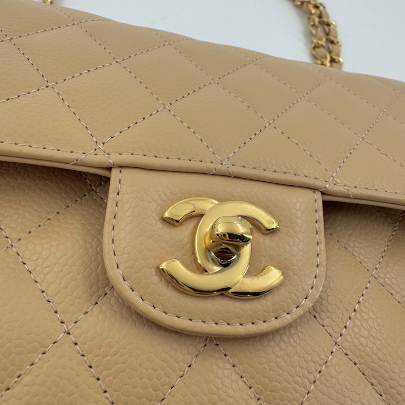 Chanel (21) Beige Clair Caviar Quilted Classic Double Flap Medium Gold Hardware-8