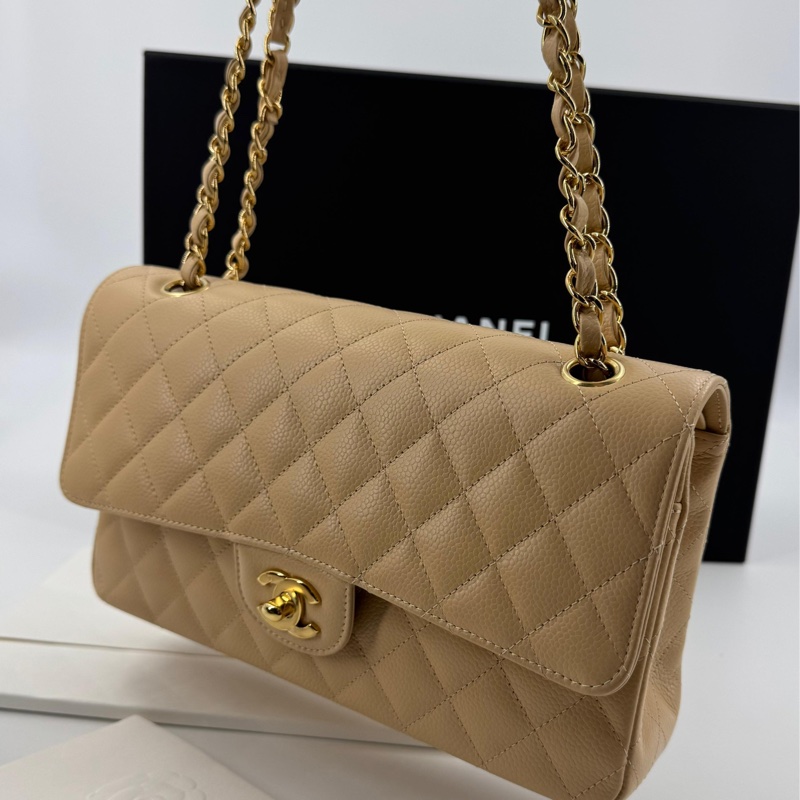 Chanel (21) Beige Clair Caviar Quilted Classic Double Flap Medium Gold Hardware-10