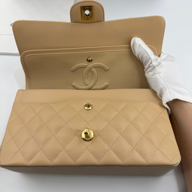 Chanel (21) Beige Clair Caviar Quilted Classic Double Flap Medium Gold Hardware-11
