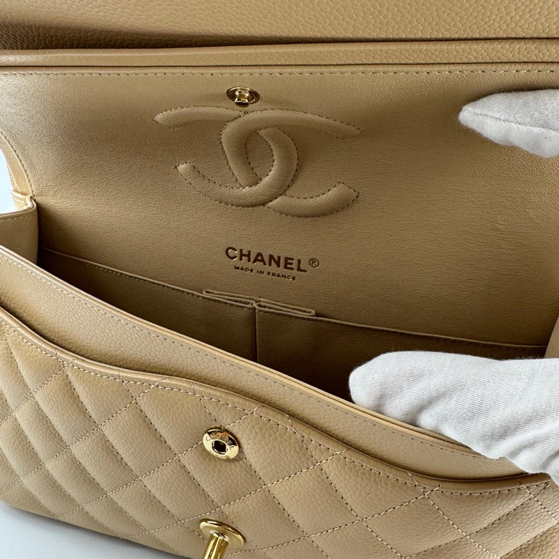Chanel (21) Beige Clair Caviar Quilted Classic Double Flap Medium Gold Hardware-16
