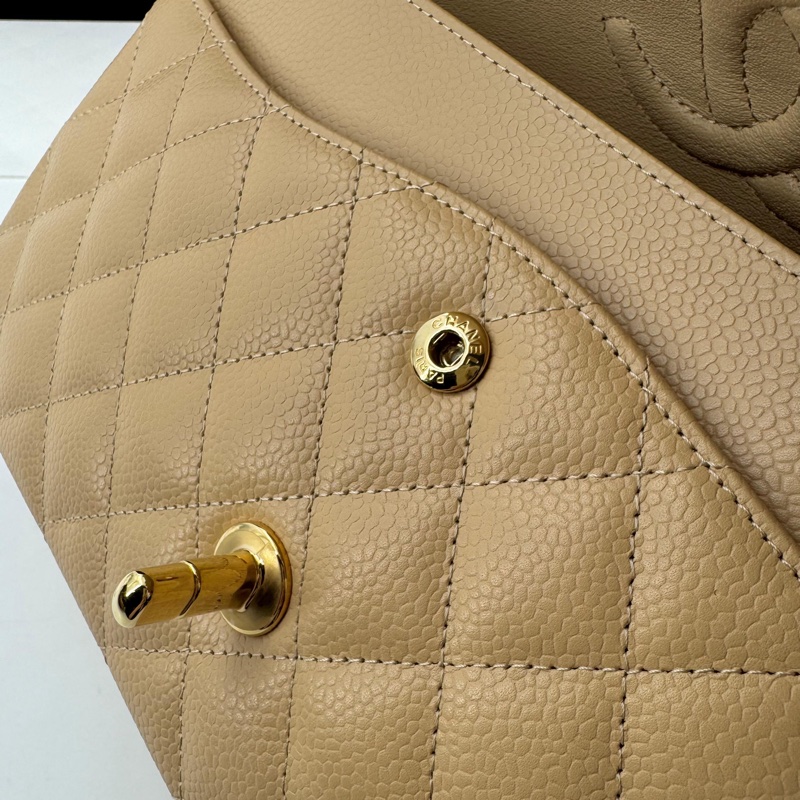 Chanel (21) Beige Clair Caviar Quilted Classic Double Flap Medium Gold Hardware-17