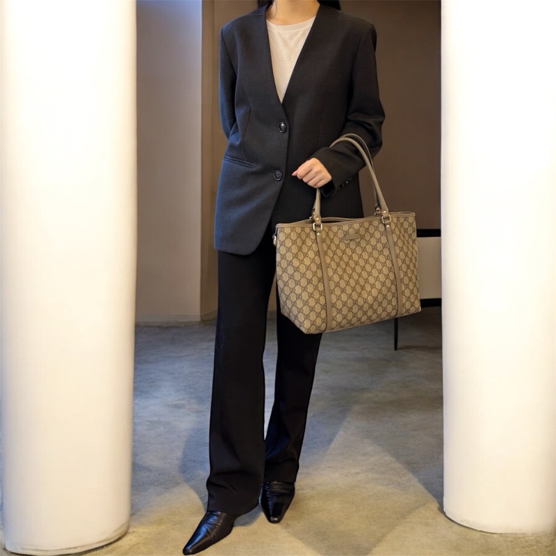 🥨超優惠 GUCCI原花銀釦拼灰牛皮雙肩托特包 197953-1