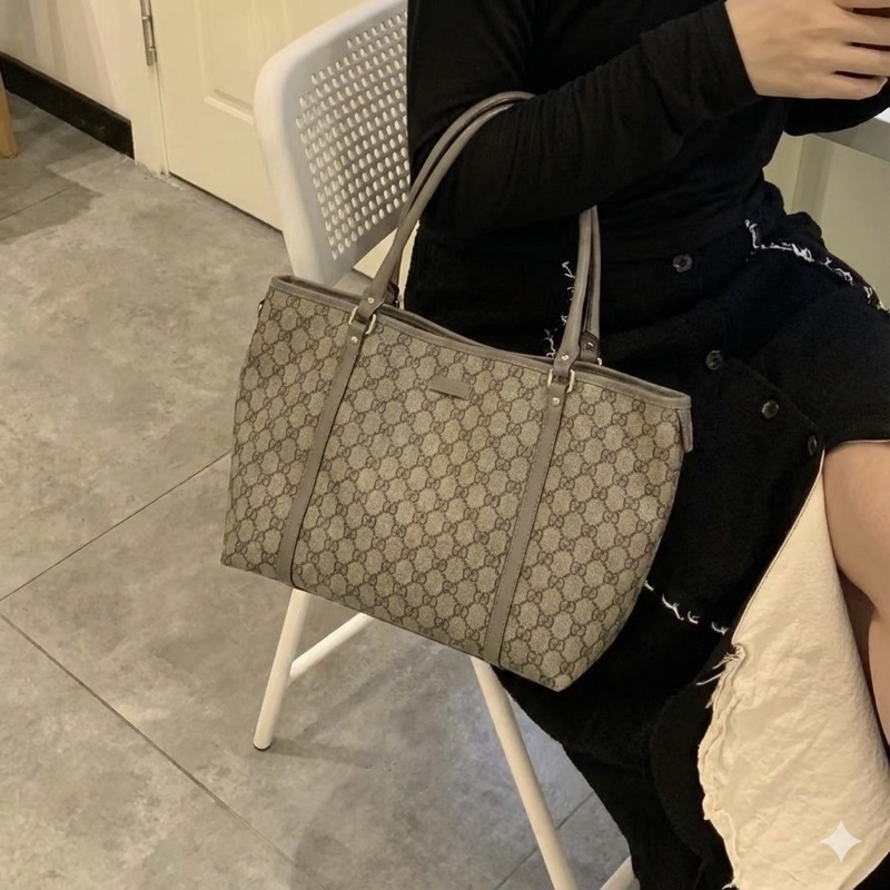 🥨超優惠 GUCCI原花銀釦拼灰牛皮雙肩托特包 197953-0