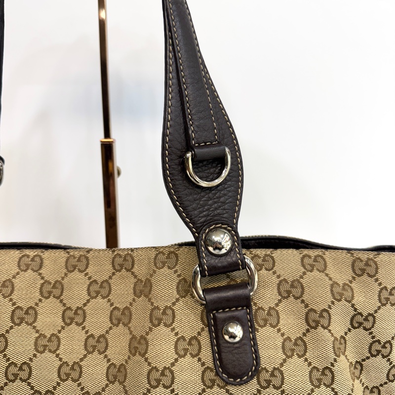 🥨超優惠Gucci緹花布拚棕牛皮GG Icon Bit 托特包229852-15