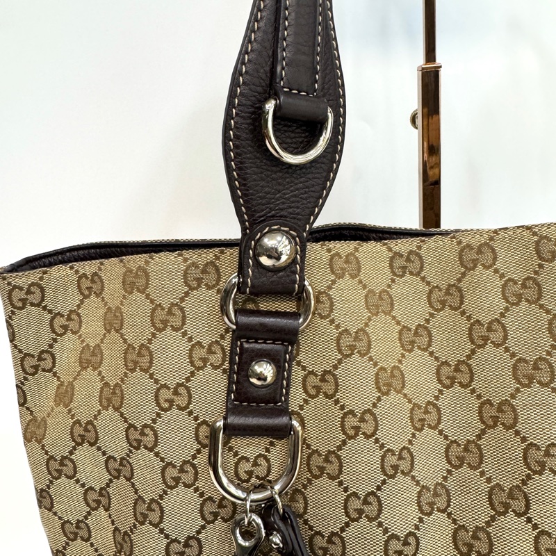 🥨超優惠Gucci緹花布拚棕牛皮GG Icon Bit 托特包229852-18