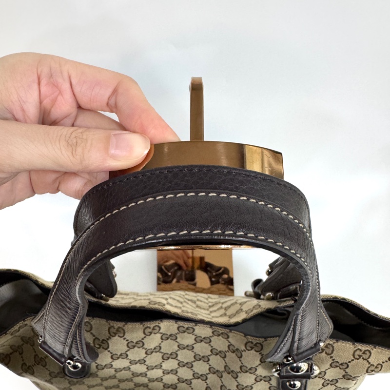 🥨超優惠Gucci緹花布拚棕牛皮GG Icon Bit 托特包229852-19