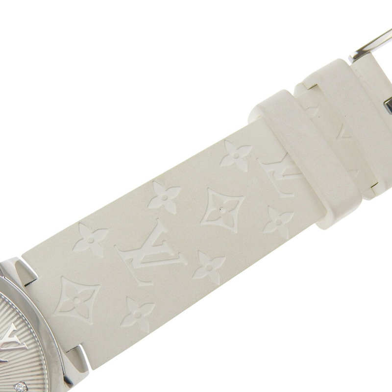 近乎全新路易威登 Tambour MM Q13MJ 白色錶盤腕錶，鑲嵌 8 顆鑽石，不鏽鋼和橡膠錶殼，石英機芯，33 毫米-6