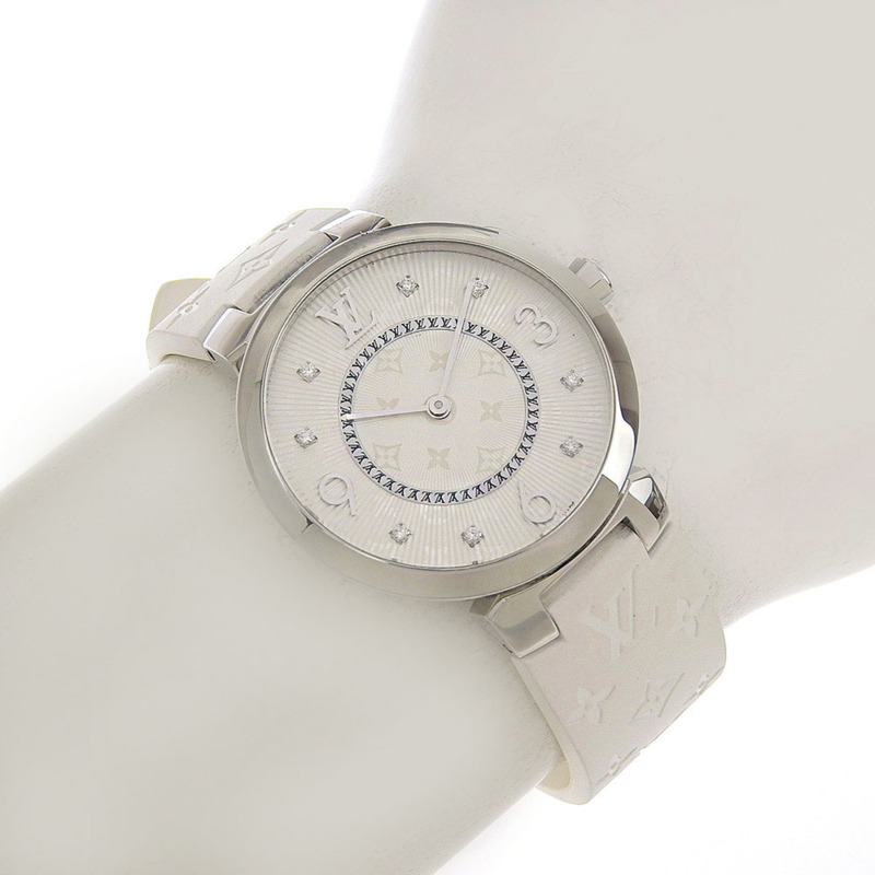 近乎全新路易威登 Tambour MM Q13MJ 白色錶盤腕錶，鑲嵌 8 顆鑽石，不鏽鋼和橡膠錶殼，石英機芯，33 毫米-7