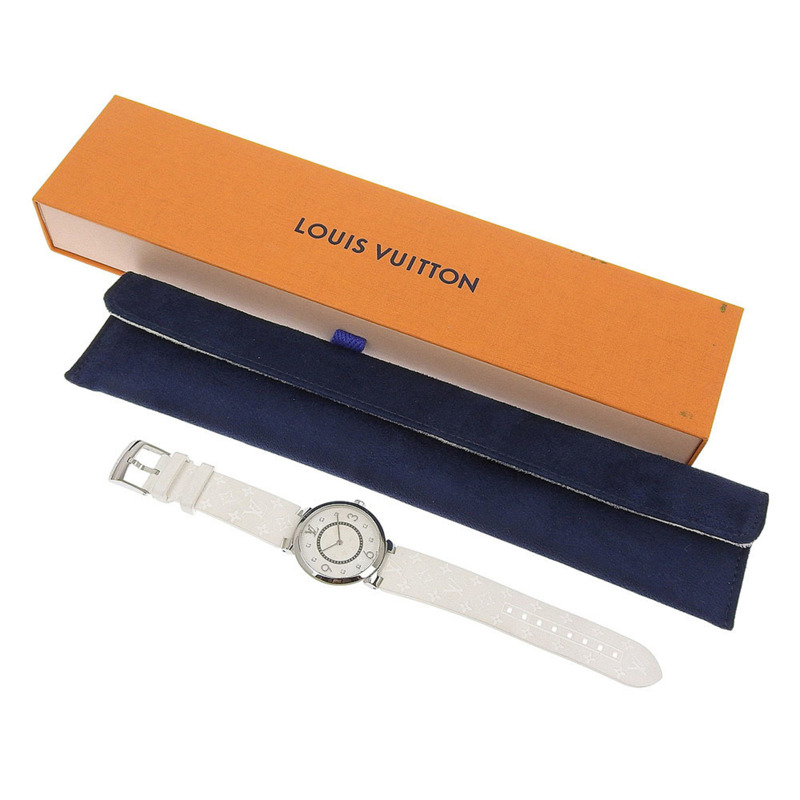 近乎全新路易威登 Tambour MM Q13MJ 白色錶盤腕錶，鑲嵌 8 顆鑽石，不鏽鋼和橡膠錶殼，石英機芯，33 毫米-8