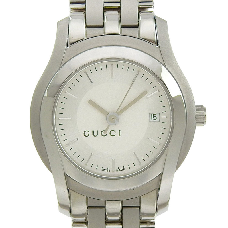 Gucci Date 5500L 銀色錶盤不鏽鋼石英腕錶，27毫米，女錶-0