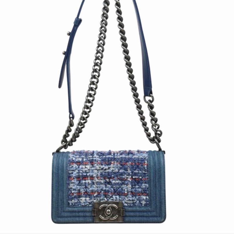 「JL精品代購」9新 Chanel 香奈兒 藍色毛呢 boy包-0