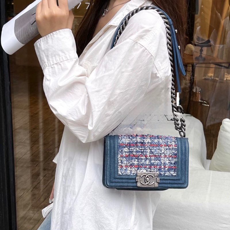 「JL精品代購」9新 Chanel 香奈兒 藍色毛呢 boy包-1