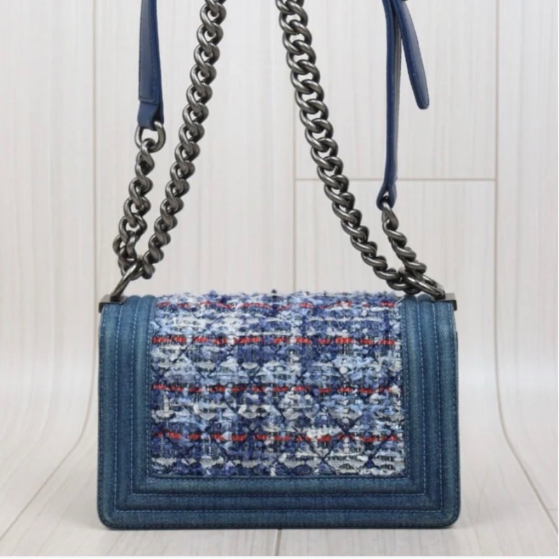 「JL精品代購」9新 Chanel 香奈兒 藍色毛呢 boy包-3