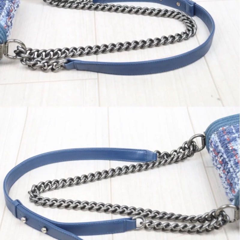 「JL精品代購」9新 Chanel 香奈兒 藍色毛呢 boy包-6