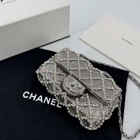 Chanel 2022 Rhinestone Strass & Metal Mini Flap Bag with Silver Tone Hardware