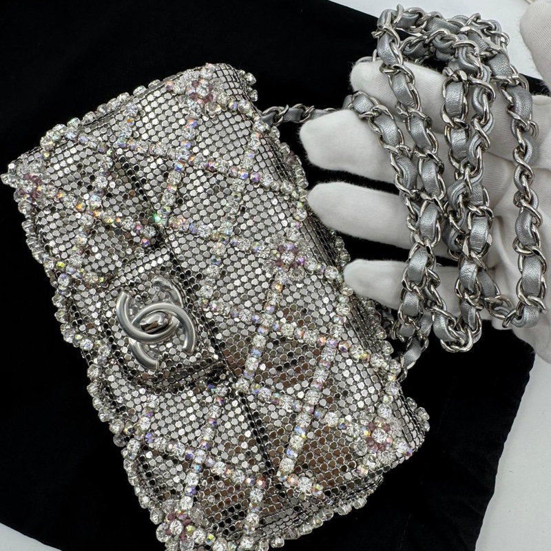 Chanel 2022 Rhinestone Strass & Metal Mini Flap Bag with Silver Tone Hardware-1