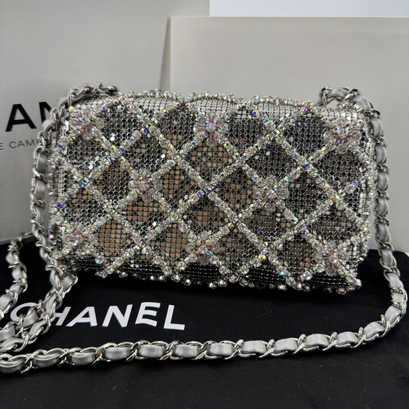 Chanel 2022 Rhinestone Strass & Metal Mini Flap Bag with Silver Tone Hardware-9