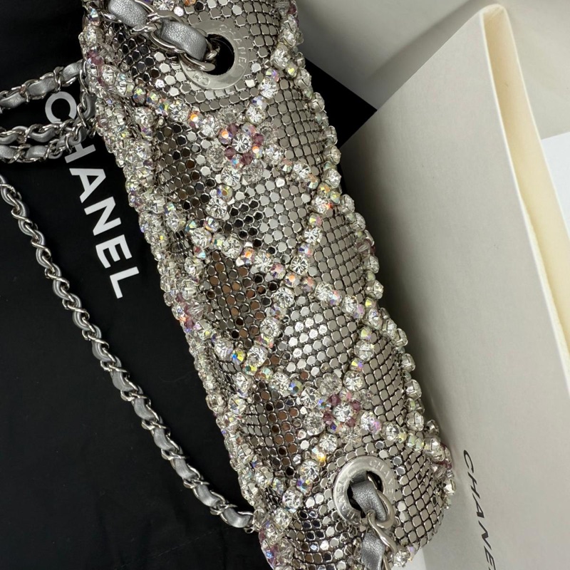 Chanel 2022 Rhinestone Strass & Metal Mini Flap Bag with Silver Tone Hardware-11