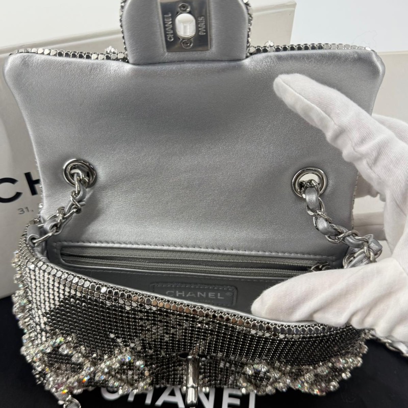 Chanel 2022 Rhinestone Strass & Metal Mini Flap Bag with Silver Tone Hardware-14