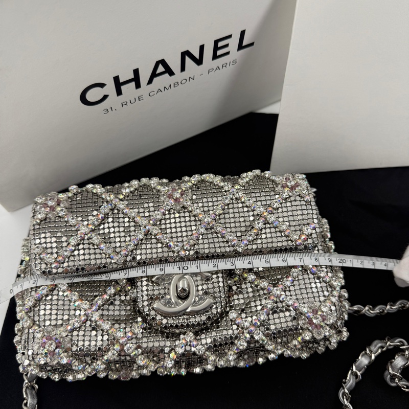 Chanel 2022 Rhinestone Strass & Metal Mini Flap Bag with Silver Tone Hardware-21