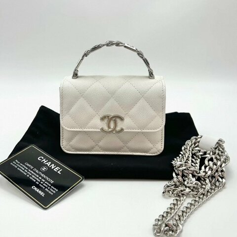 CHANEL白色荔枝牛皮琺瑯手提鏈條包13*9*5 99新配件塵袋保卡