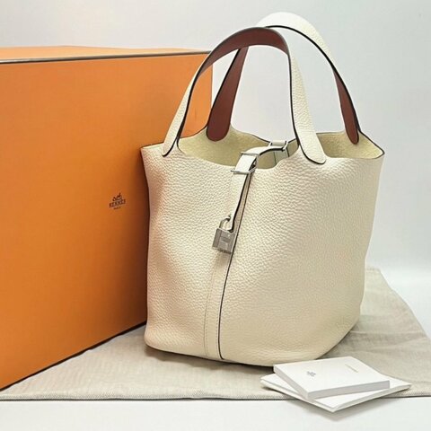 HERMES奶油白拼橙色銀扣菜籃子22手提袋22*22*18 98新配件盒子塵袋鎖