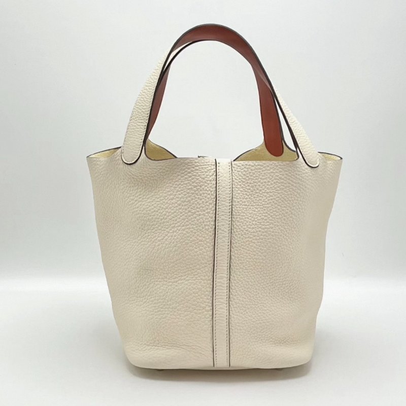 HERMES奶油白拼橙色銀扣菜籃子22手提袋22*22*18 98新配件盒子塵袋鎖-2