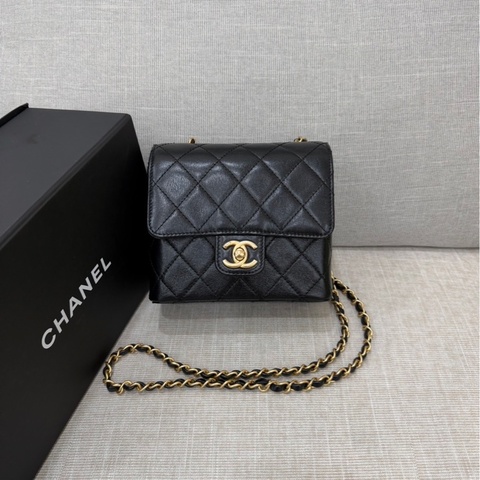 香奈兒Chanel 復古 mini方胖子 山羊皮 黑金