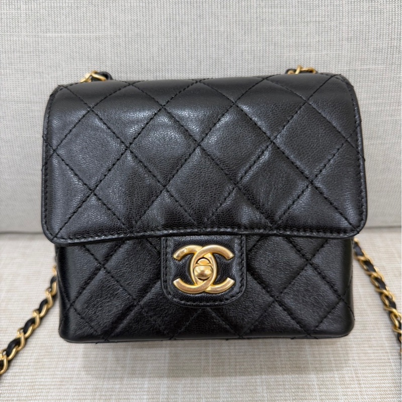 香奈兒Chanel 復古 mini方胖子 山羊皮 黑金-5