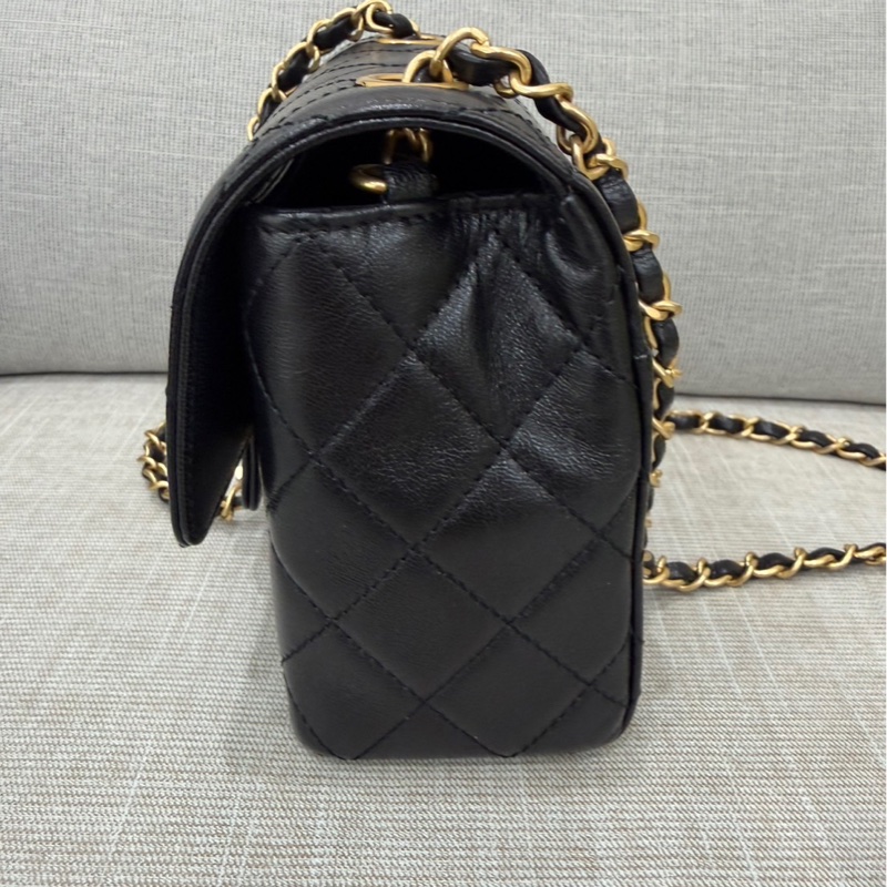 香奈兒Chanel 復古 mini方胖子 山羊皮 黑金-7
