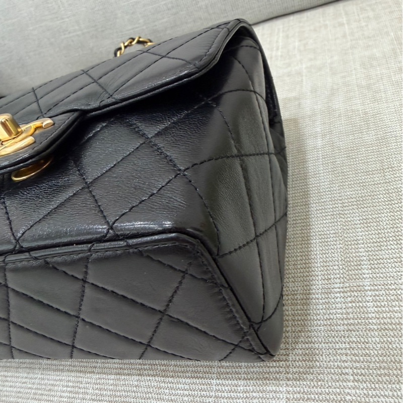 香奈兒Chanel 復古 mini方胖子 山羊皮 黑金-9