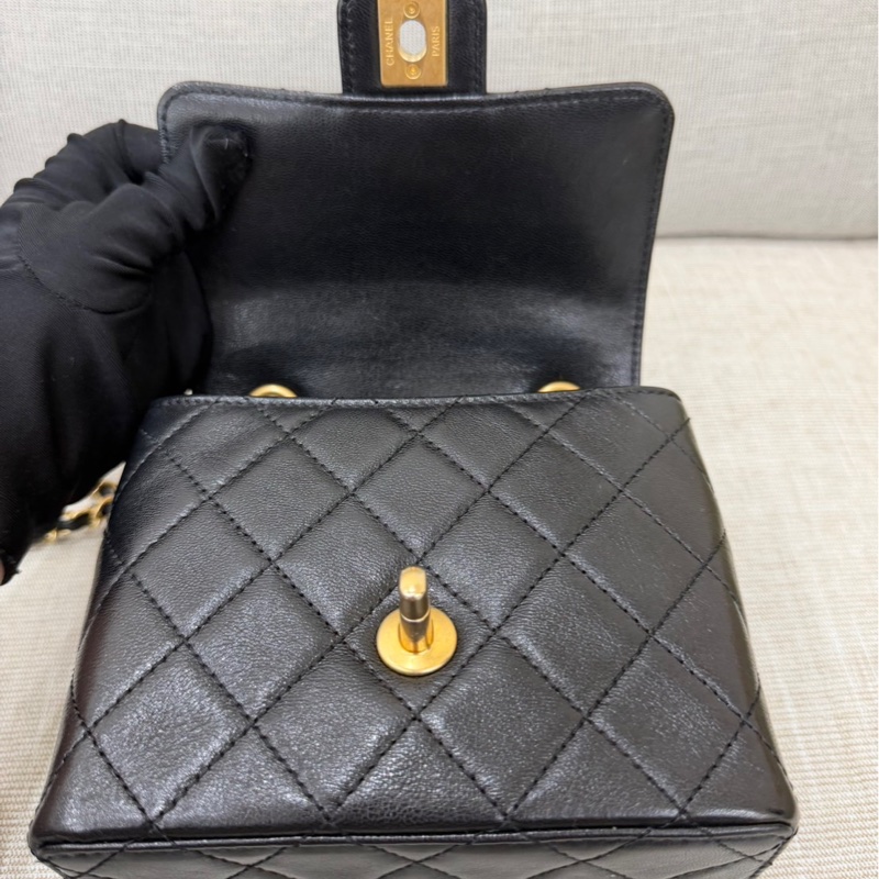 香奈兒Chanel 復古 mini方胖子 山羊皮 黑金-16