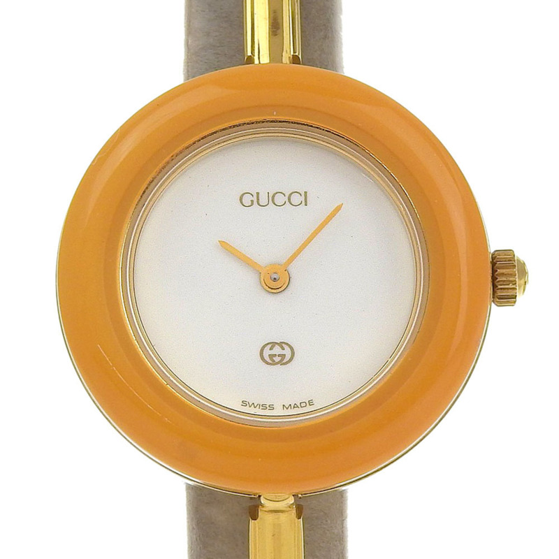 Gucci 女士 11/12 鍍金石英模擬腕錶，白色錶盤，可更換錶圈-0