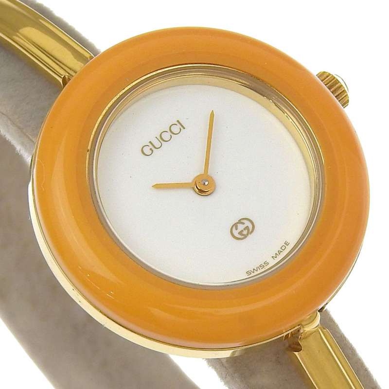 Gucci 女士 11/12 鍍金石英模擬腕錶，白色錶盤，可更換錶圈-2
