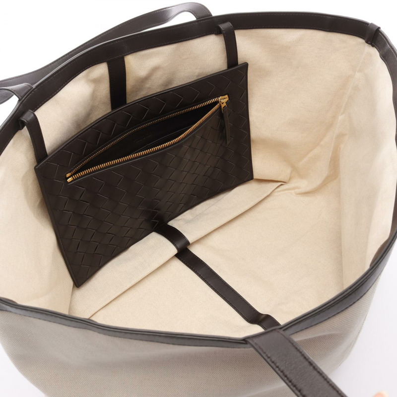 BOTTEGA VENETA 大號人字拖手提包 754915 帆布皮革 白色 棕色 二手-2
