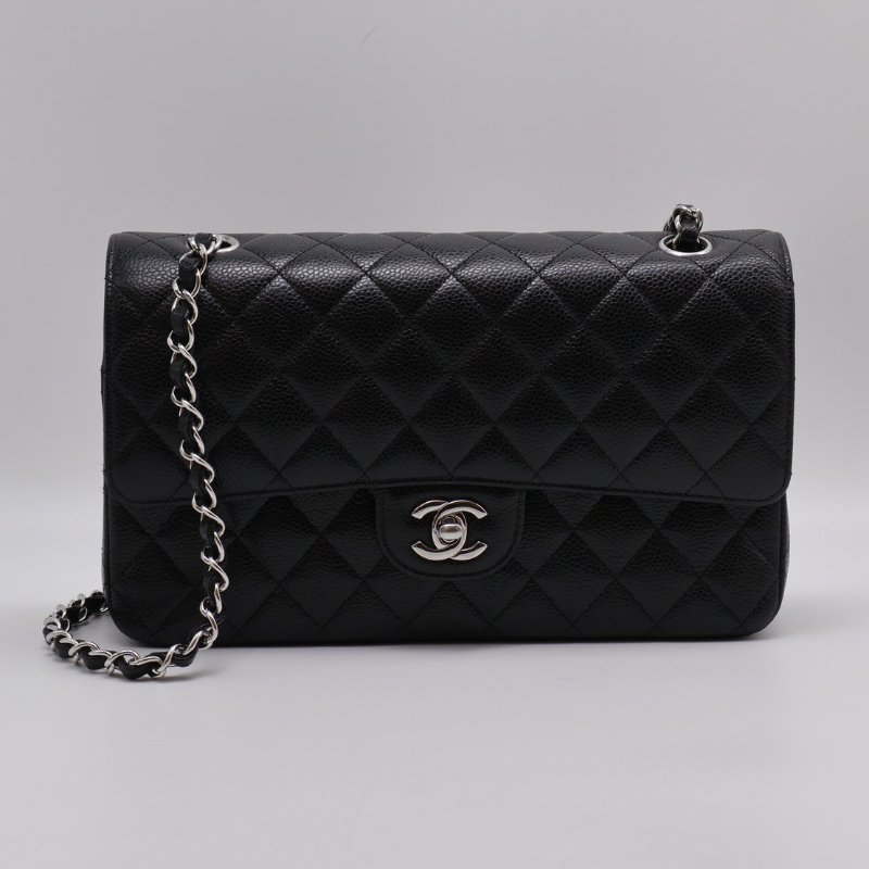 CHANEL 經典口蓋包 CF25 - 粒面牛皮黑銀-0