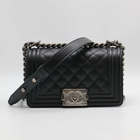 CHANEL Boy20 粒面牛皮口蓋包 - 黑銀