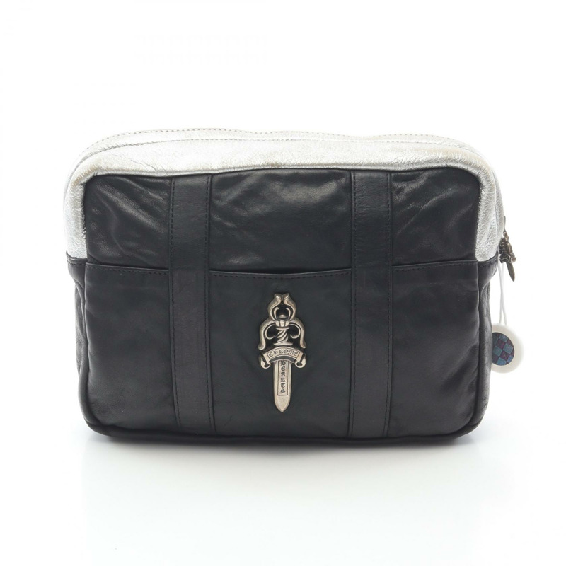鉻心大匕首拉鍊手拿包,皮革材質,黑色/銀色,二手男士款-0