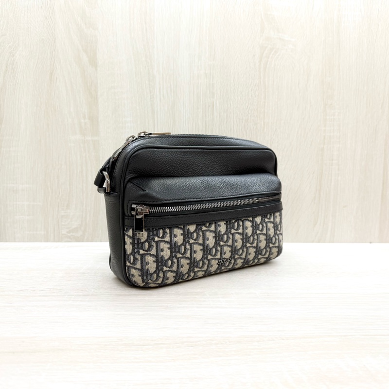 DIOR 緹花拼黑色粒面小牛皮拉鍊郵差包1ESPO340YKS_H27E-3