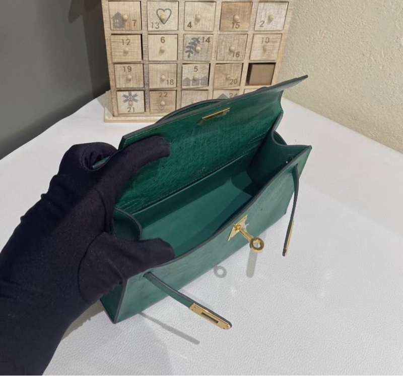Hermes 絲絨綠金扣mini Kelly一代 A刻 kelly pochette-6