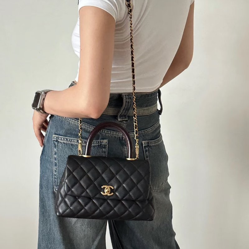 CHANEL Coco handle蜥蜴紋壓花手柄 - 小號黑金-9