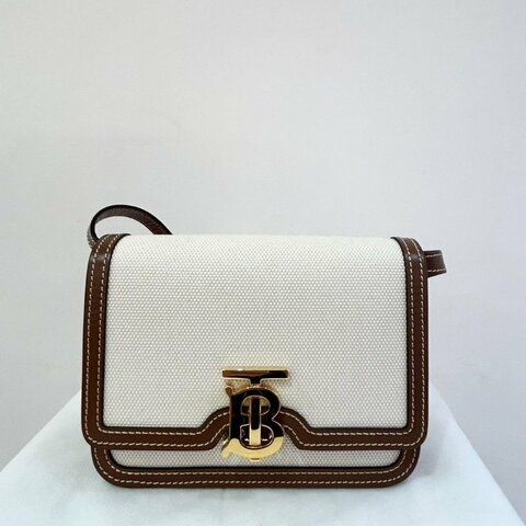 BURBERRY咖皮邊白帆布金釦TB斜背包-Mini
