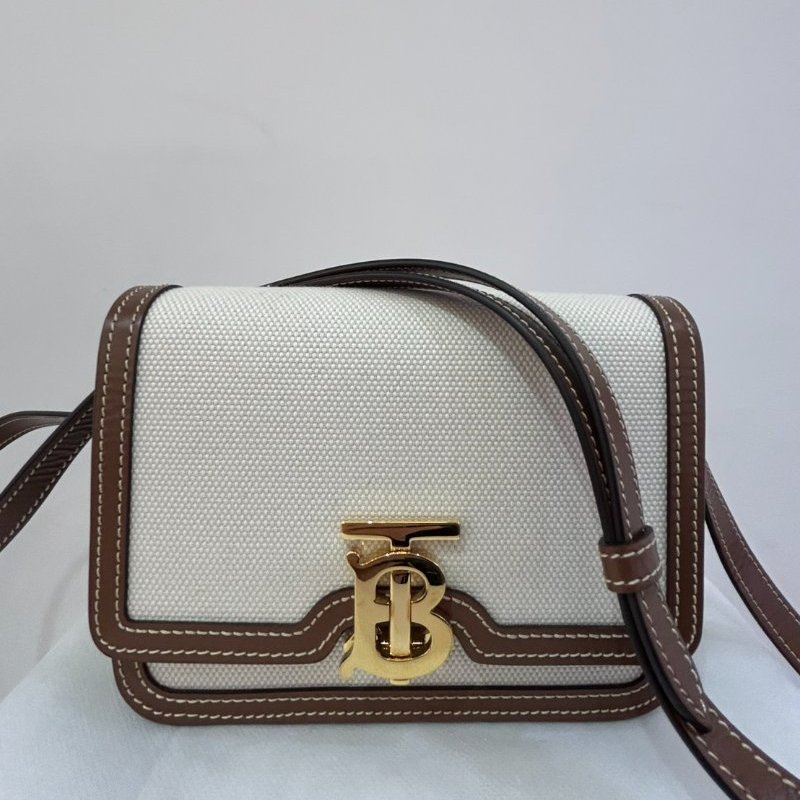 BURBERRY咖皮邊白帆布金釦TB斜背包-Mini-2