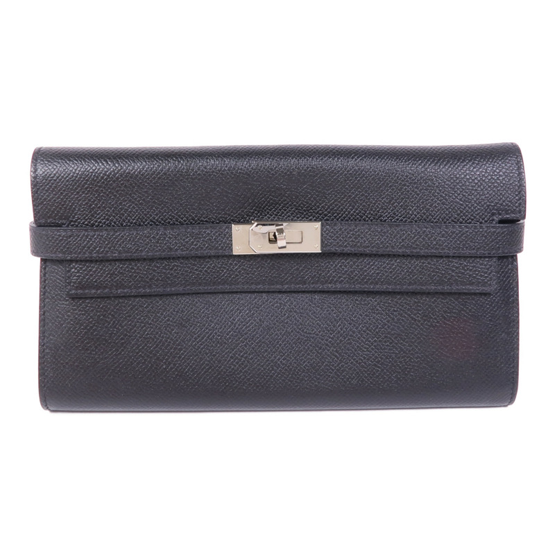 HERMES Epsom皮革Kelly Wallet銀扣長錢包Noir-0