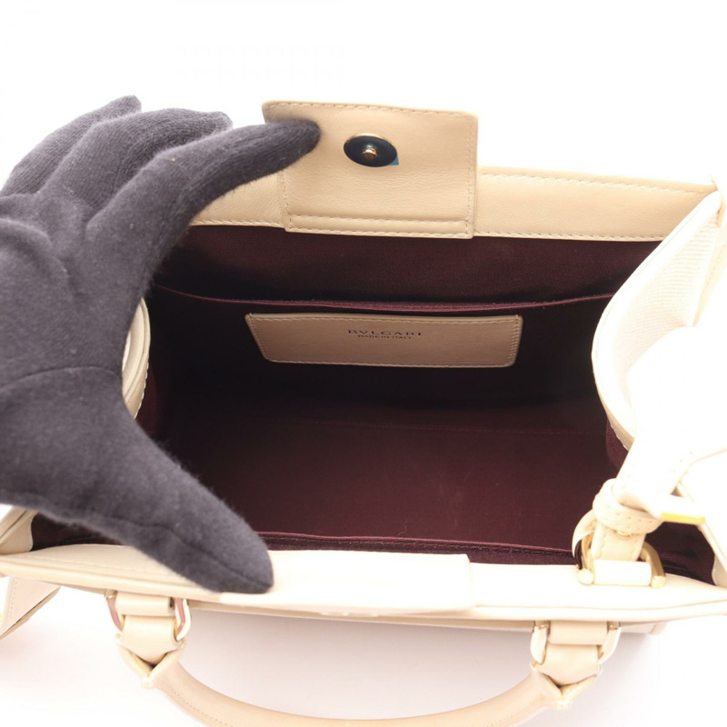 寶格麗 Logo 手提單肩包 帆布皮革 米色 二手 女士斜背包-2