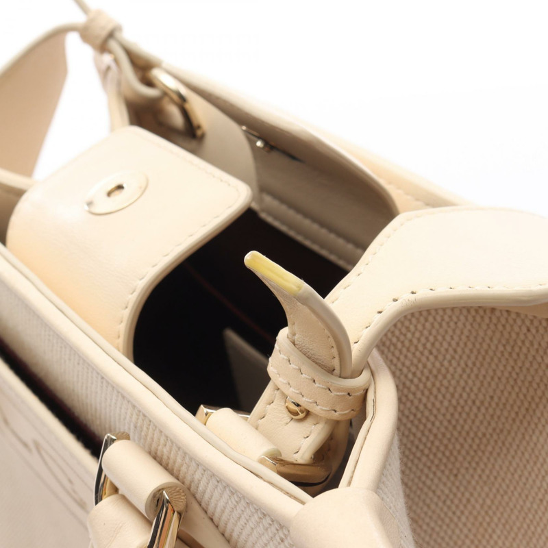 寶格麗 Logo 手提單肩包 帆布皮革 米色 二手 女士斜背包-6