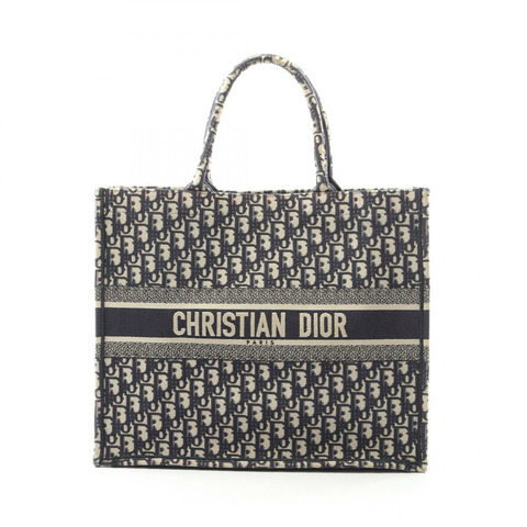 Christian Dior BOOK TOTE 大斜紋帆布手提包，海軍藍/米色，二手女士 CD