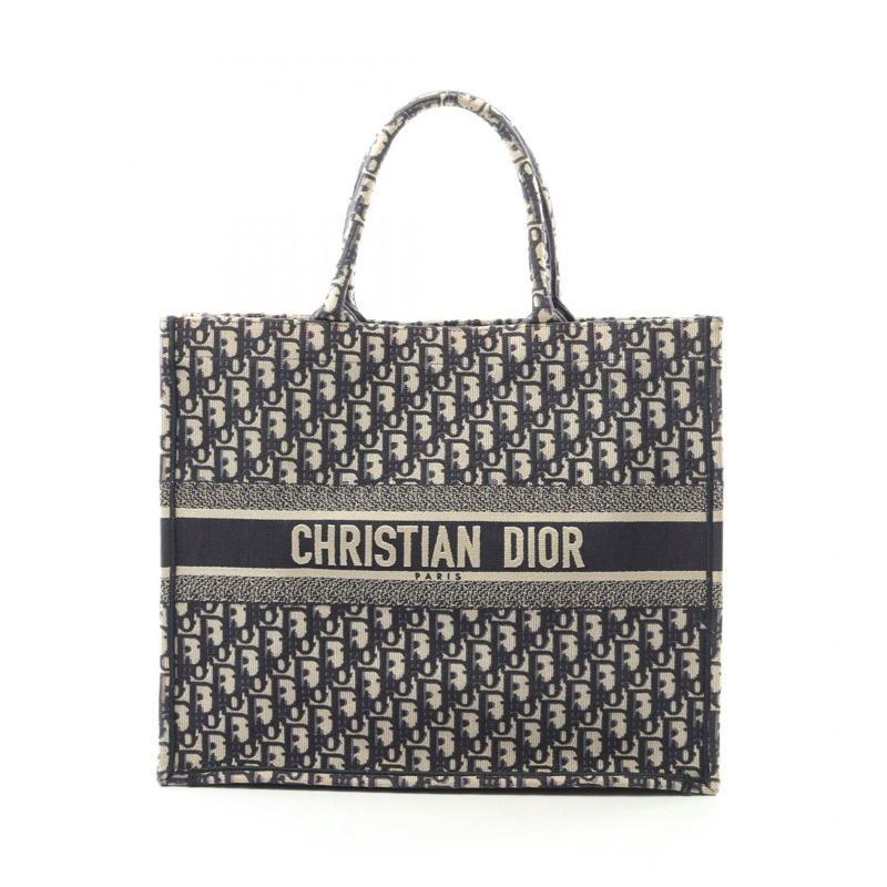 Christian Dior BOOK TOTE 大斜紋帆布手提包,海軍藍/米色,二手女士 CD-0